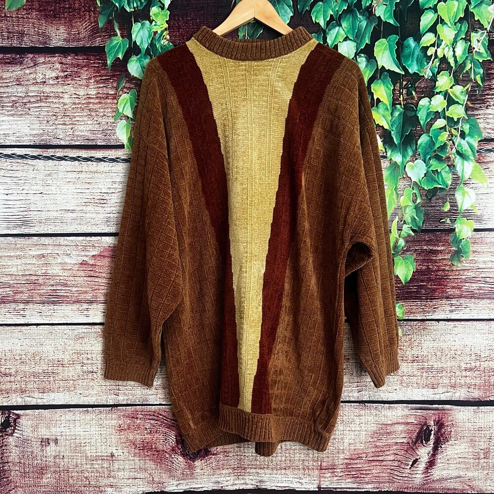 Vintage Grandpa Sweater Mens Large Y2K Fall Brown Textured Colorblock Long Tall